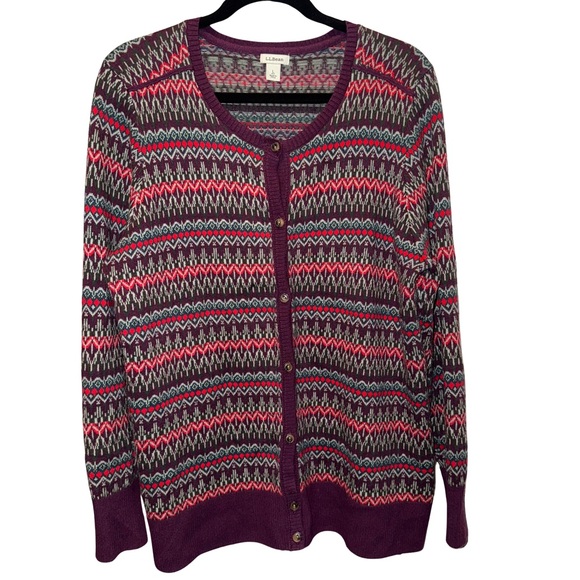 L.L. Bean Fair Isle Cardigan Sweater Large Petite Cotton Cashmere Multicolor - Picture 1 of 6